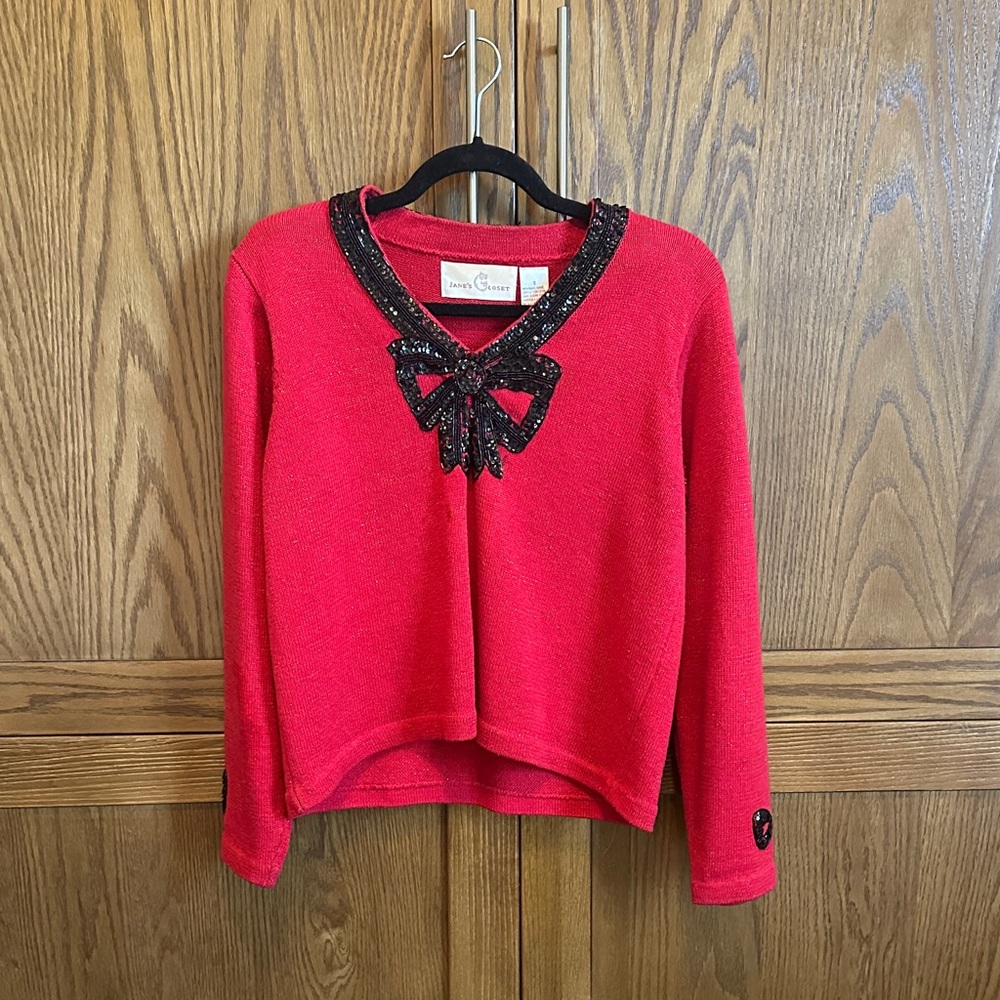 Vintage Red V-Neck Sweater with Black Sequin Bow